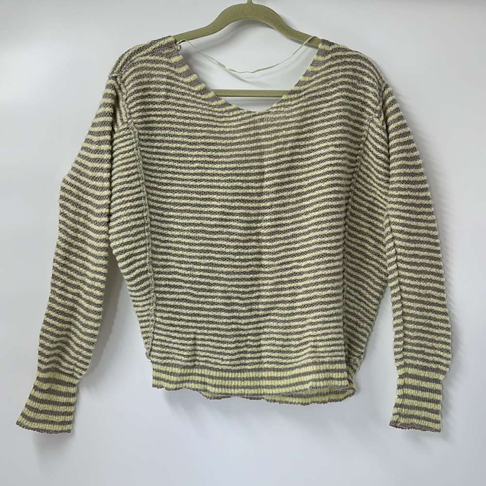 FREE PEOPLE Crop Sweater Stripe Long sleeve Lime Gray Linen Wool Blend s… - Picture 3 of 12
